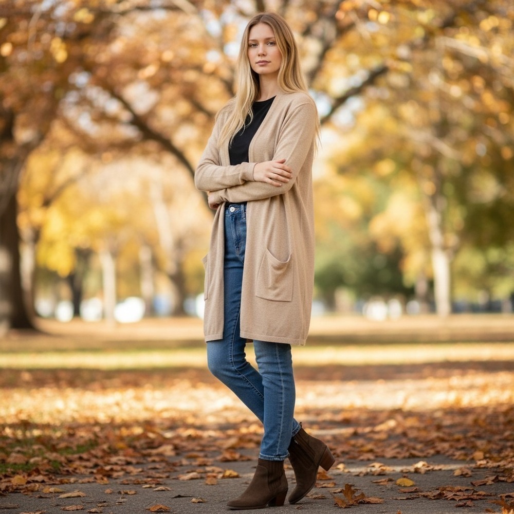Coastal Tan Open Front Pocket Longline Cardigan Large Minimalist Neutral Layer